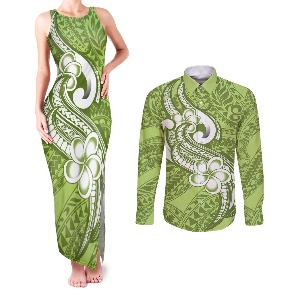 Polynesia Couples Matching Tank Maxi Dress and Long Sleeve Button Shirts Plumeria With Tribal Pattern Green Pastel Vibes LT14 Green - Polynesian Pride