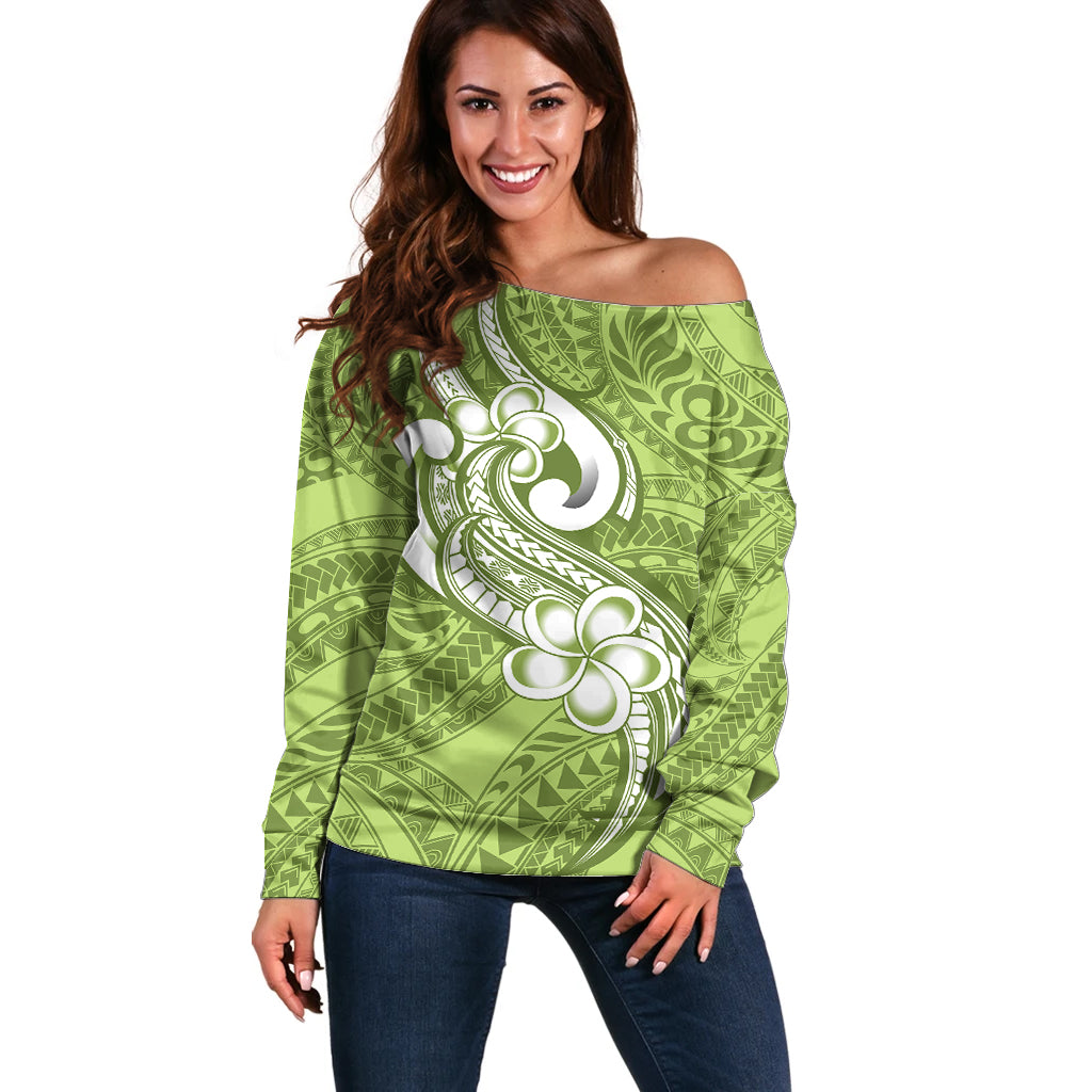 Polynesia Off Shoulder Sweater Plumeria With Tribal Pattern Green Pastel Vibes LT14 Women Green - Polynesian Pride
