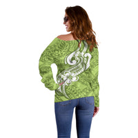 Polynesia Off Shoulder Sweater Plumeria With Tribal Pattern Green Pastel Vibes LT14 - Polynesian Pride