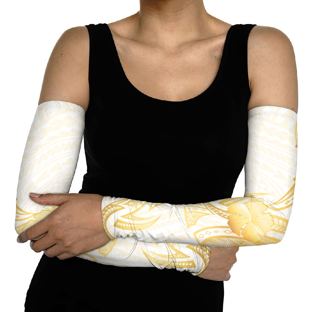 Polynesia White Sunday Arm Sleeves Polynesian Tattoo Plumeria Hibiscus Gold LT14 - Polynesian Pride