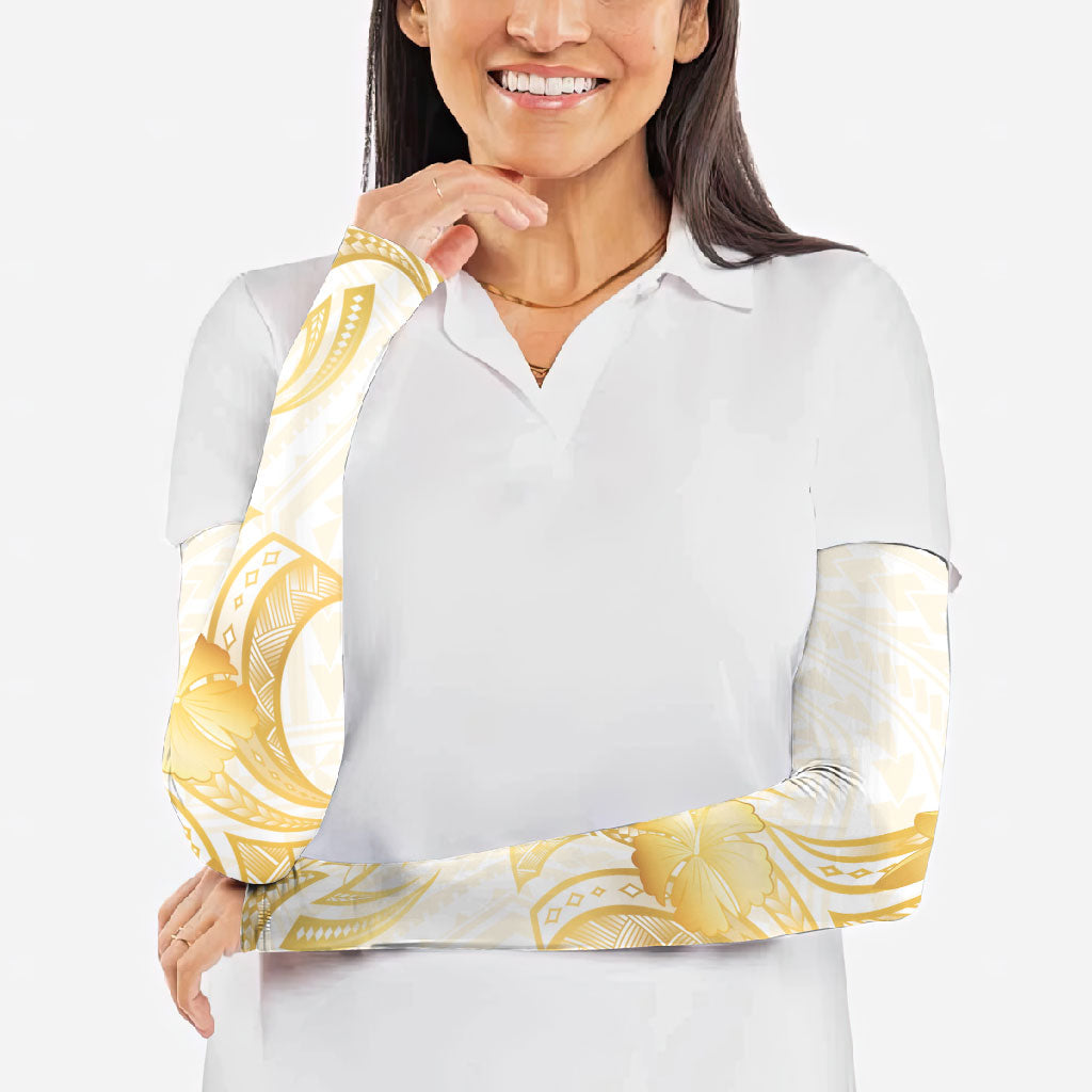 Polynesia White Sunday Arm Sleeves Polynesian Tattoo Plumeria Hibiscus Gold LT14 - Polynesian Pride