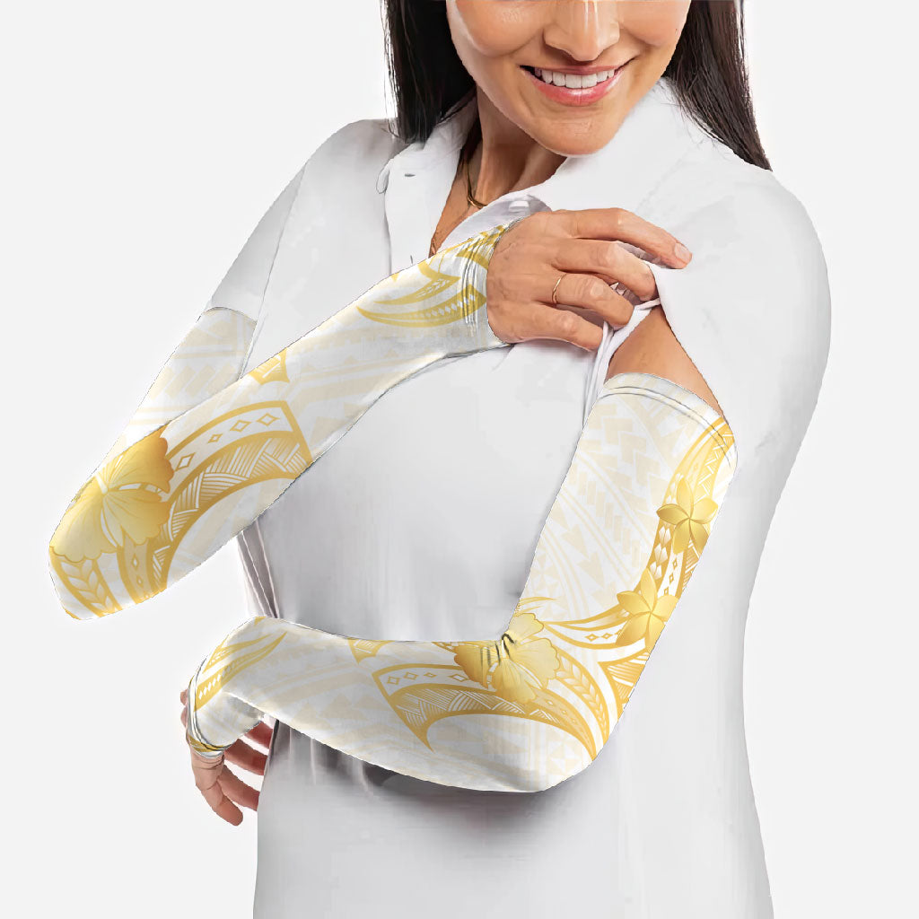 Polynesia White Sunday Arm Sleeves Polynesian Tattoo Plumeria Hibiscus Gold LT14 - Polynesian Pride
