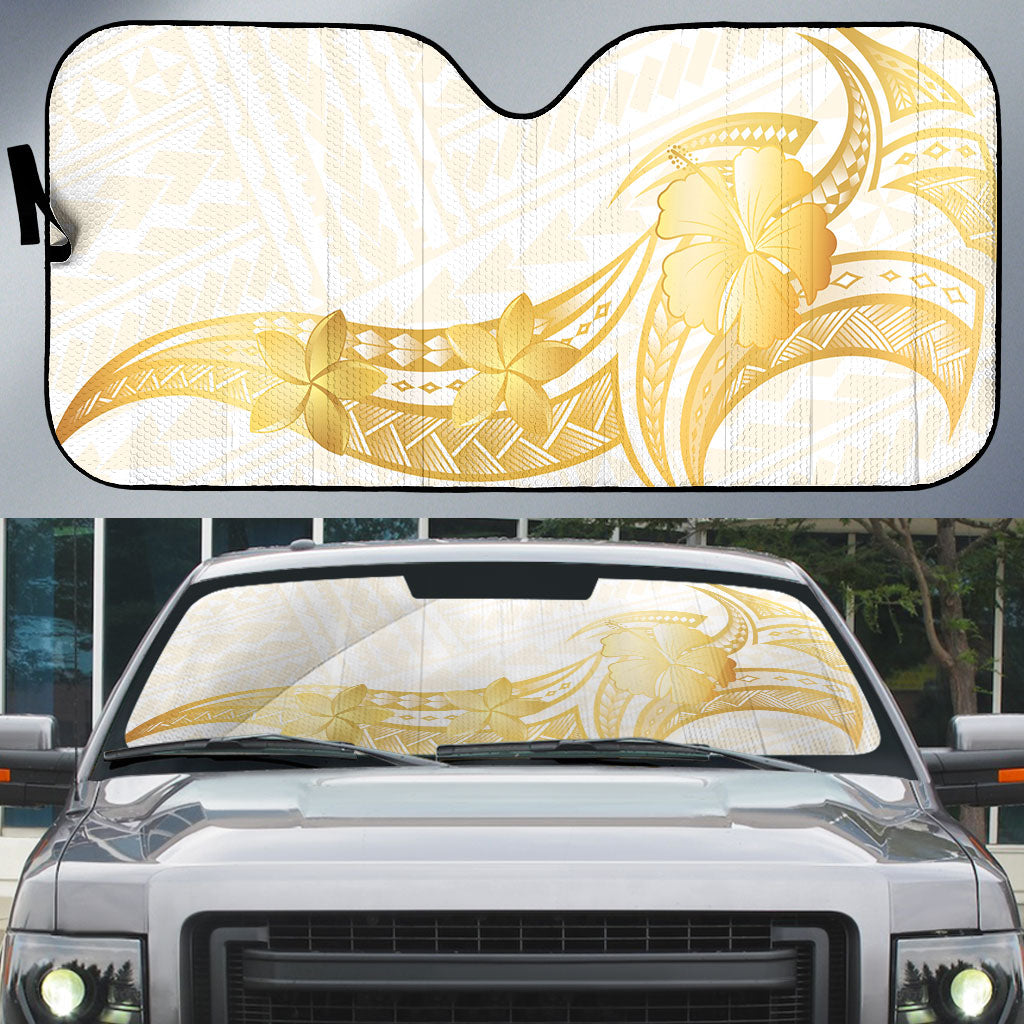 Polynesia White Sunday Auto Sun Shade Polynesian Tattoo Plumeria Hibiscus Gold
