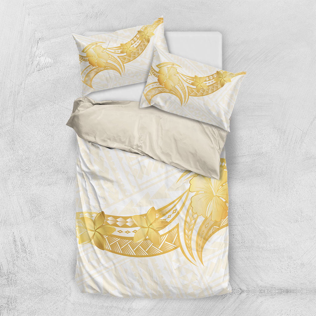 Polynesia White Sunday Bedding Set Polynesian Tattoo Plumeria Hibiscus Gold