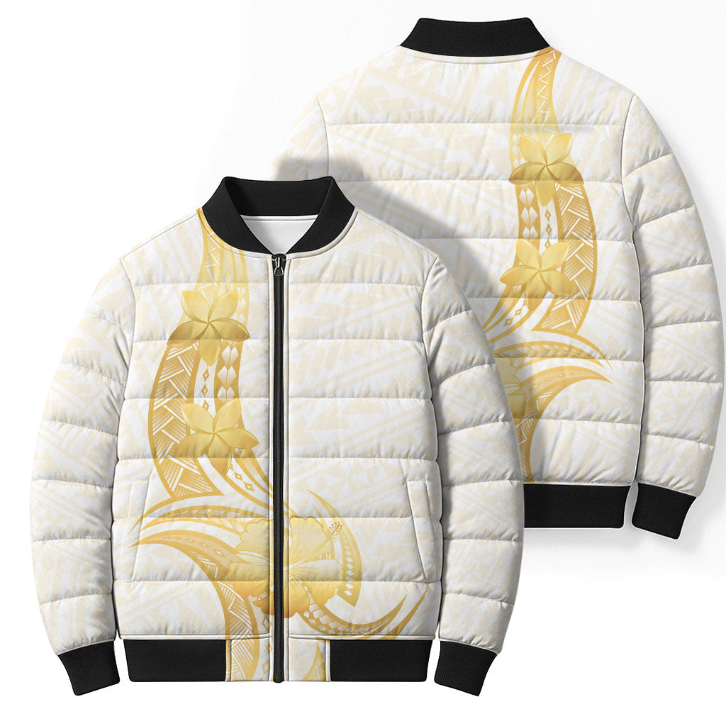 Polynesia White Sunday Bomber Puffer Jacket Polynesian Tattoo Plumeria Hibiscus Gold
