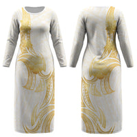 Polynesia White Sunday Couples Matching Long Sleeve Bodycon Dress and Hawaiian Shirt Polynesian Tattoo Plumeria Hibiscus Gold LT14 - Polynesian Pride