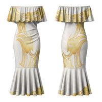 Polynesia White Sunday Couples Matching Mermaid Dress and Hawaiian Shirt Polynesian Tattoo Plumeria Hibiscus Gold LT14 - Polynesian Pride