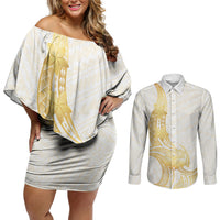 Polynesia White Sunday Couples Matching Off Shoulder Short Dress and Long Sleeve Button Shirt Polynesian Tattoo Plumeria Hibiscus Gold LT14 White - Polynesian Pride