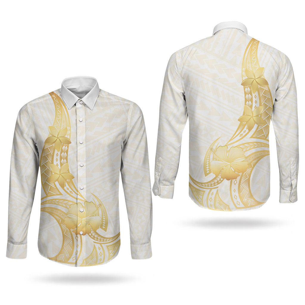 Polynesia White Sunday Couples Matching Off Shoulder Short Dress and Long Sleeve Button Shirt Polynesian Tattoo Plumeria Hibiscus Gold LT14 - Polynesian Pride