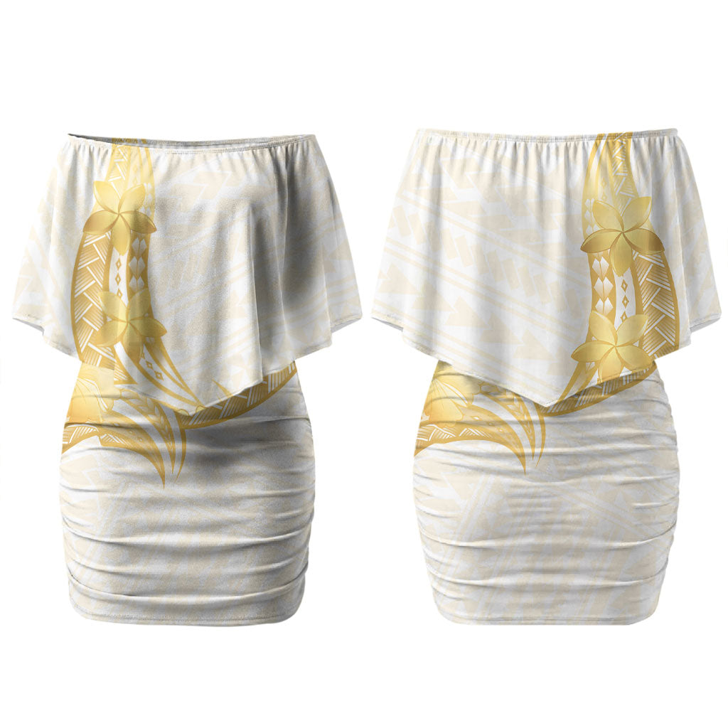 Polynesia White Sunday Couples Matching Off Shoulder Short Dress and Long Sleeve Button Shirt Polynesian Tattoo Plumeria Hibiscus Gold LT14 - Polynesian Pride