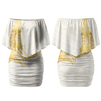 Polynesia White Sunday Couples Matching Off Shoulder Short Dress and Long Sleeve Button Shirt Polynesian Tattoo Plumeria Hibiscus Gold LT14 - Polynesian Pride