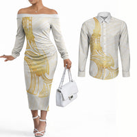 Polynesia White Sunday Couples Matching Off The Shoulder Long Sleeve Dress and Long Sleeve Button Shirt Polynesian Tattoo Plumeria Hibiscus Gold LT14 White - Polynesian Pride