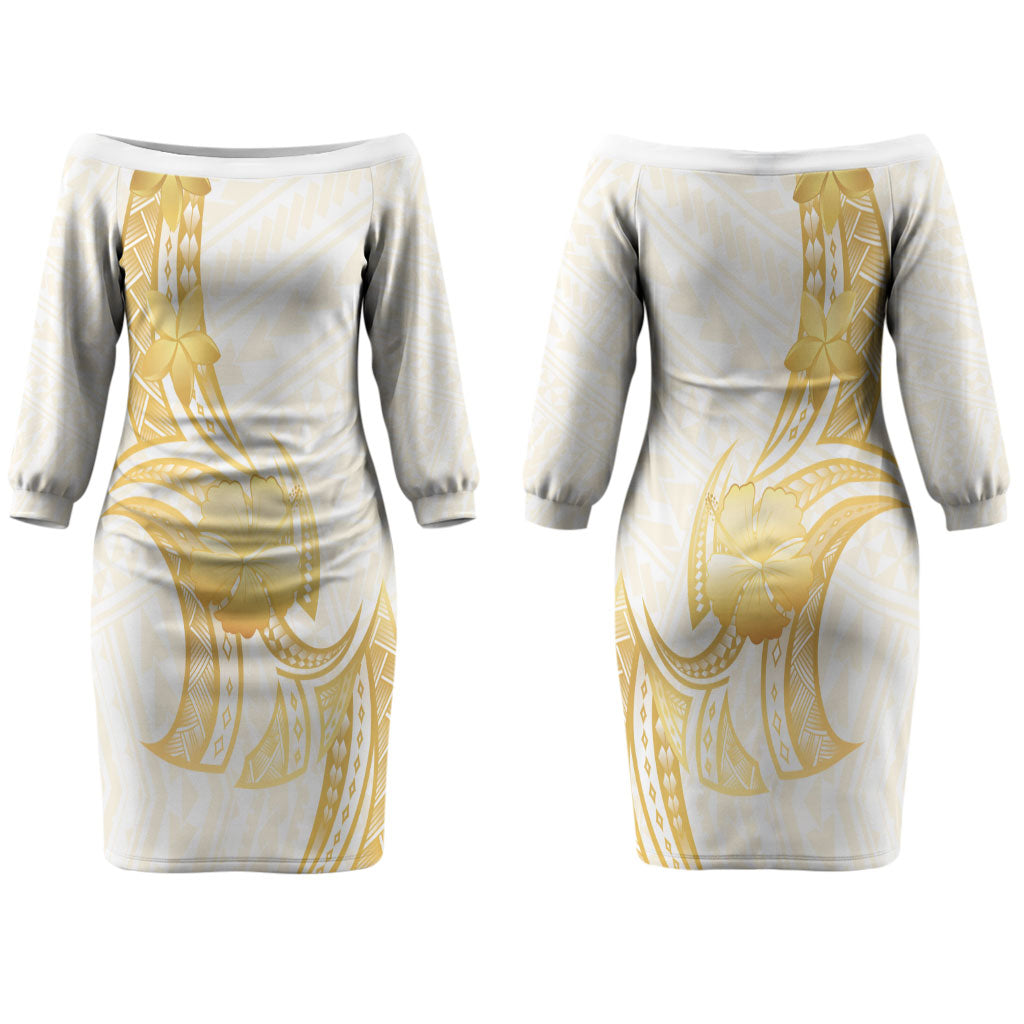Polynesia White Sunday Couples Matching Off The Shoulder Long Sleeve Dress and Long Sleeve Button Shirt Polynesian Tattoo Plumeria Hibiscus Gold LT14 - Polynesian Pride