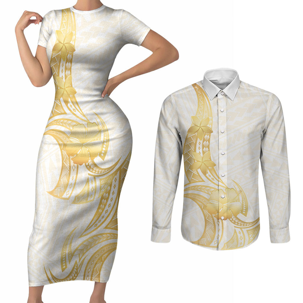 Polynesia White Sunday Couples Matching Short Sleeve Bodycon Dress and Long Sleeve Button Shirt Polynesian Tattoo Plumeria Hibiscus Gold LT14 White - Polynesian Pride