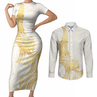Polynesia White Sunday Couples Matching Short Sleeve Bodycon Dress and Long Sleeve Button Shirt Polynesian Tattoo Plumeria Hibiscus Gold LT14 White - Polynesian Pride