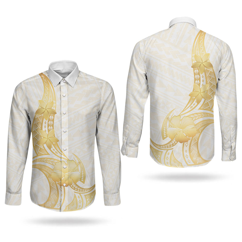 Polynesia White Sunday Couples Matching Short Sleeve Bodycon Dress and Long Sleeve Button Shirt Polynesian Tattoo Plumeria Hibiscus Gold LT14 - Polynesian Pride
