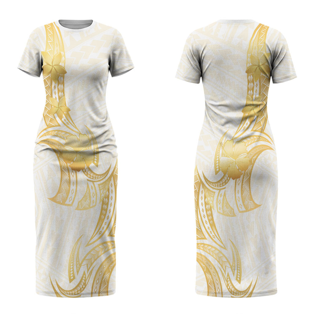 Polynesia White Sunday Couples Matching Short Sleeve Bodycon Dress and Long Sleeve Button Shirt Polynesian Tattoo Plumeria Hibiscus Gold LT14 - Polynesian Pride