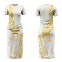 Polynesia White Sunday Couples Matching Short Sleeve Bodycon Dress and Long Sleeve Button Shirt Polynesian Tattoo Plumeria Hibiscus Gold LT14 - Polynesian Pride
