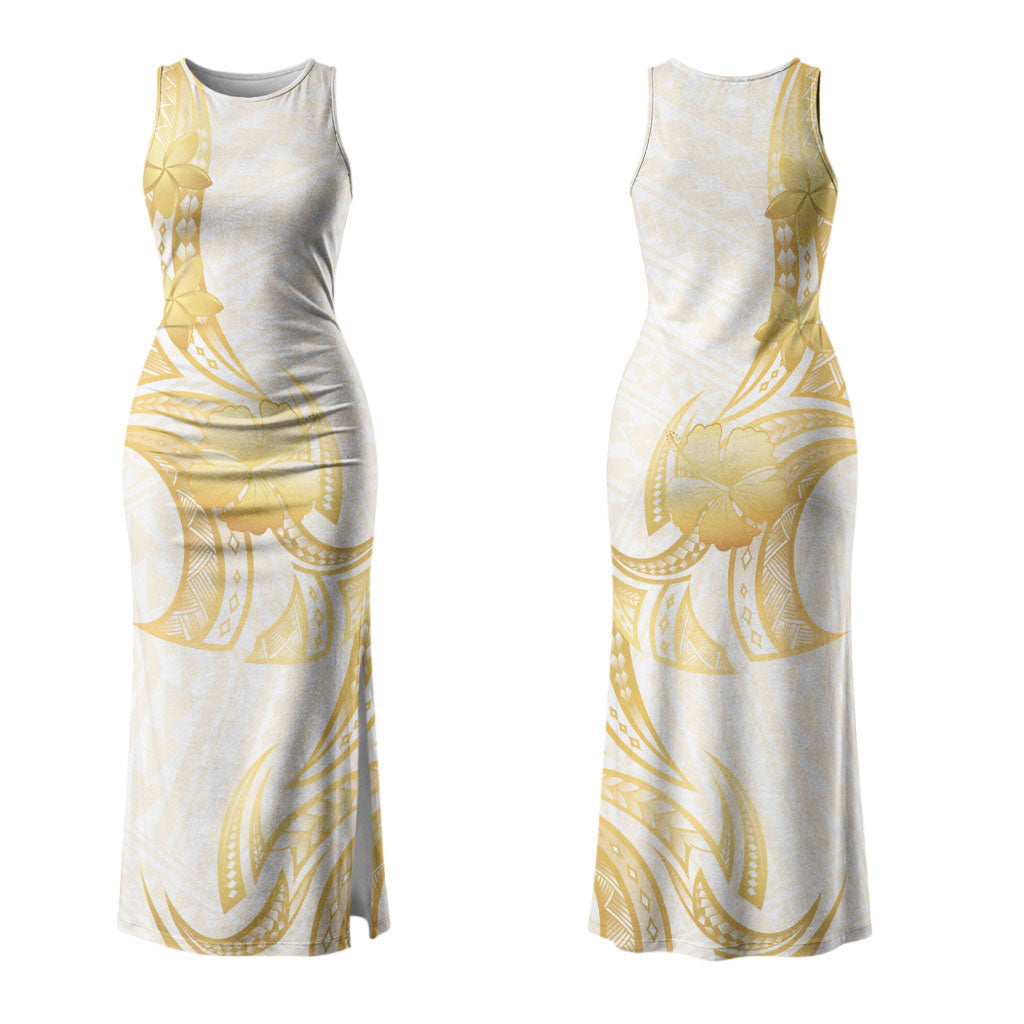 Polynesia White Sunday Couples Matching Tank Maxi Dress and Hawaiian Shirt Polynesian Tattoo Plumeria Hibiscus Gold LT14 - Polynesian Pride