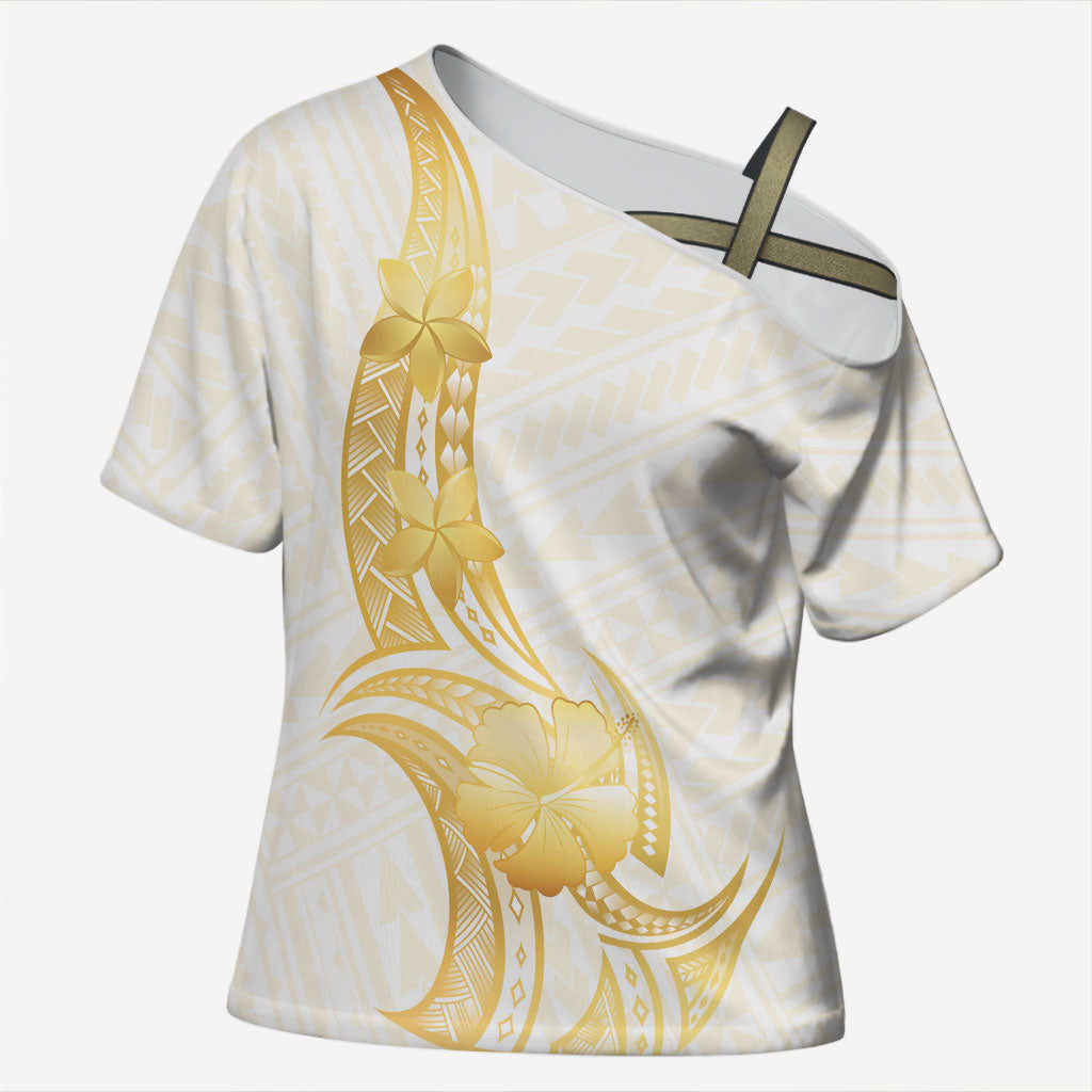 Polynesia White Sunday Cross Shoulder Shirt Polynesian Tattoo Plumeria Hibiscus Gold