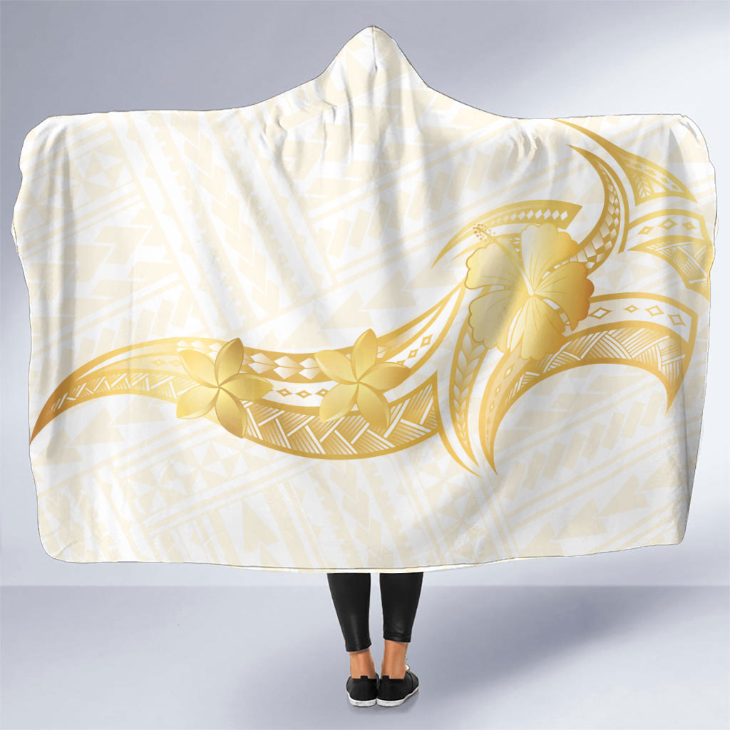 Polynesia White Sunday Hooded Blanket Polynesian Tattoo Plumeria Hibiscus Gold LT14 One Size White - Polynesian Pride