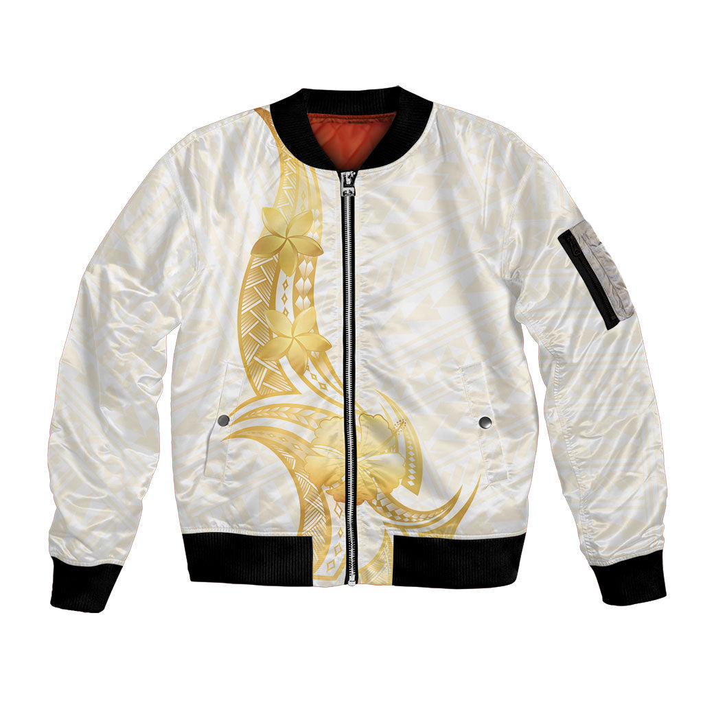Polynesia White Sunday Sleeve Zip Bomber Jacket Polynesian Tattoo Plumeria Hibiscus Gold LT14 Unisex White - Polynesian Pride
