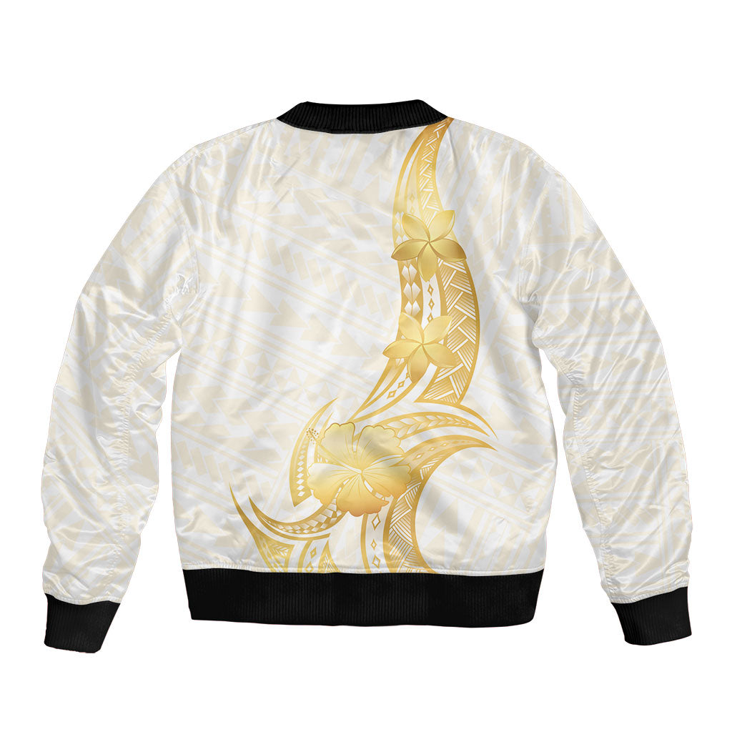 Polynesia White Sunday Sleeve Zip Bomber Jacket Polynesian Tattoo Plumeria Hibiscus Gold LT14 - Polynesian Pride