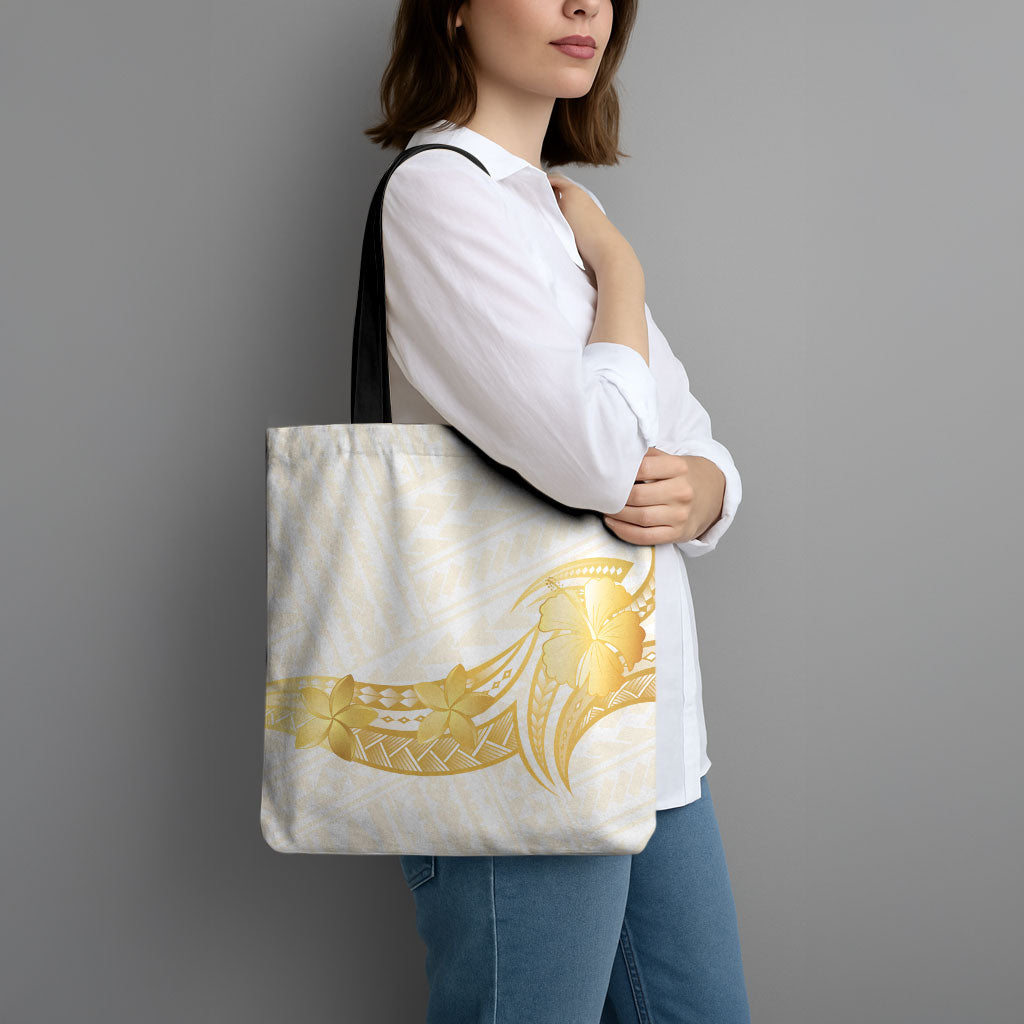 Polynesia White Sunday Tote Bag Polynesian Tattoo Plumeria Hibiscus Gold LT14 - Polynesian Pride
