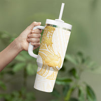 Polynesia White Sunday Tumbler With Handle Polynesian Tattoo Plumeria Hibiscus Gold LT14 - Polynesian Pride
