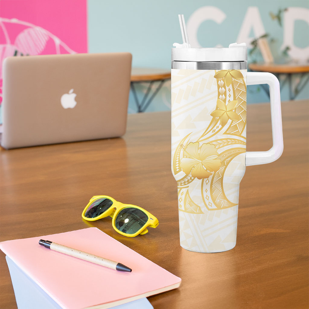 Polynesia White Sunday Tumbler With Handle Polynesian Tattoo Plumeria Hibiscus Gold LT14 - Polynesian Pride