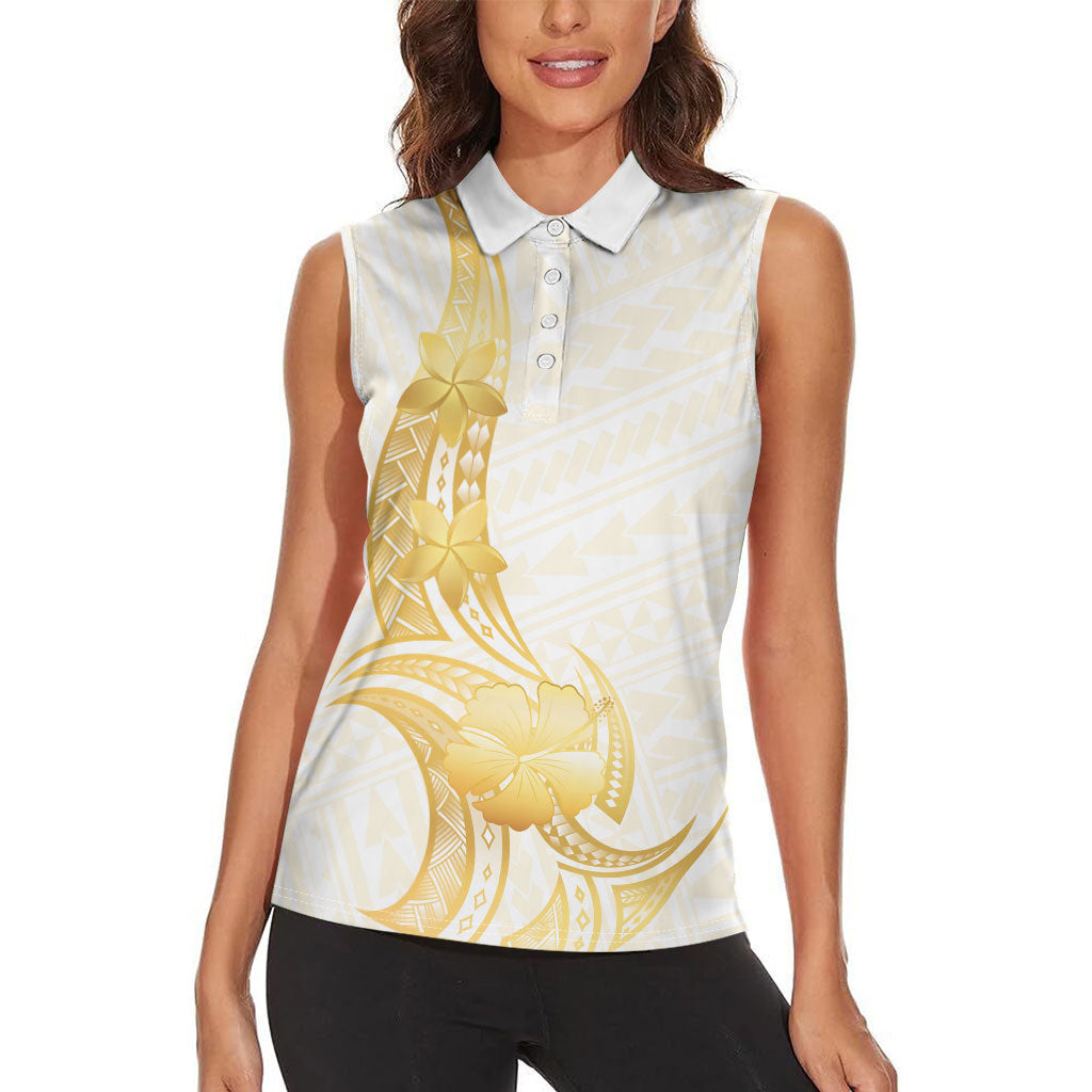 Polynesia White Sunday Women Sleeveless Polo Shirt Polynesian Tattoo Plumeria Hibiscus Gold LT14 - Polynesian Pride