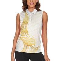 Polynesia White Sunday Women Sleeveless Polo Shirt Polynesian Tattoo Plumeria Hibiscus Gold LT14 - Polynesian Pride