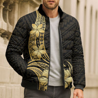 Gold Black Polynesia Hibiscus Plumeria Tattoo Bomber Puffer Jacket