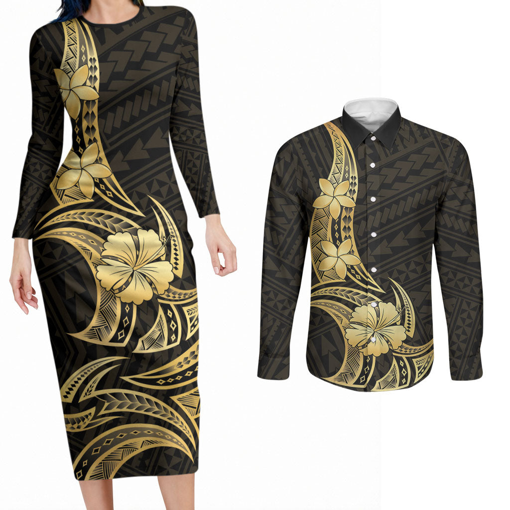 Gold Black Polynesia Hibiscus Plumeria Tattoo Couples Matching Long Sleeve Bodycon Dress and Long Sleeve Button Shirt LT14 Black - Polynesian Pride