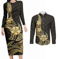 Gold Black Polynesia Hibiscus Plumeria Tattoo Couples Matching Long Sleeve Bodycon Dress and Long Sleeve Button Shirt LT14 Black - Polynesian Pride