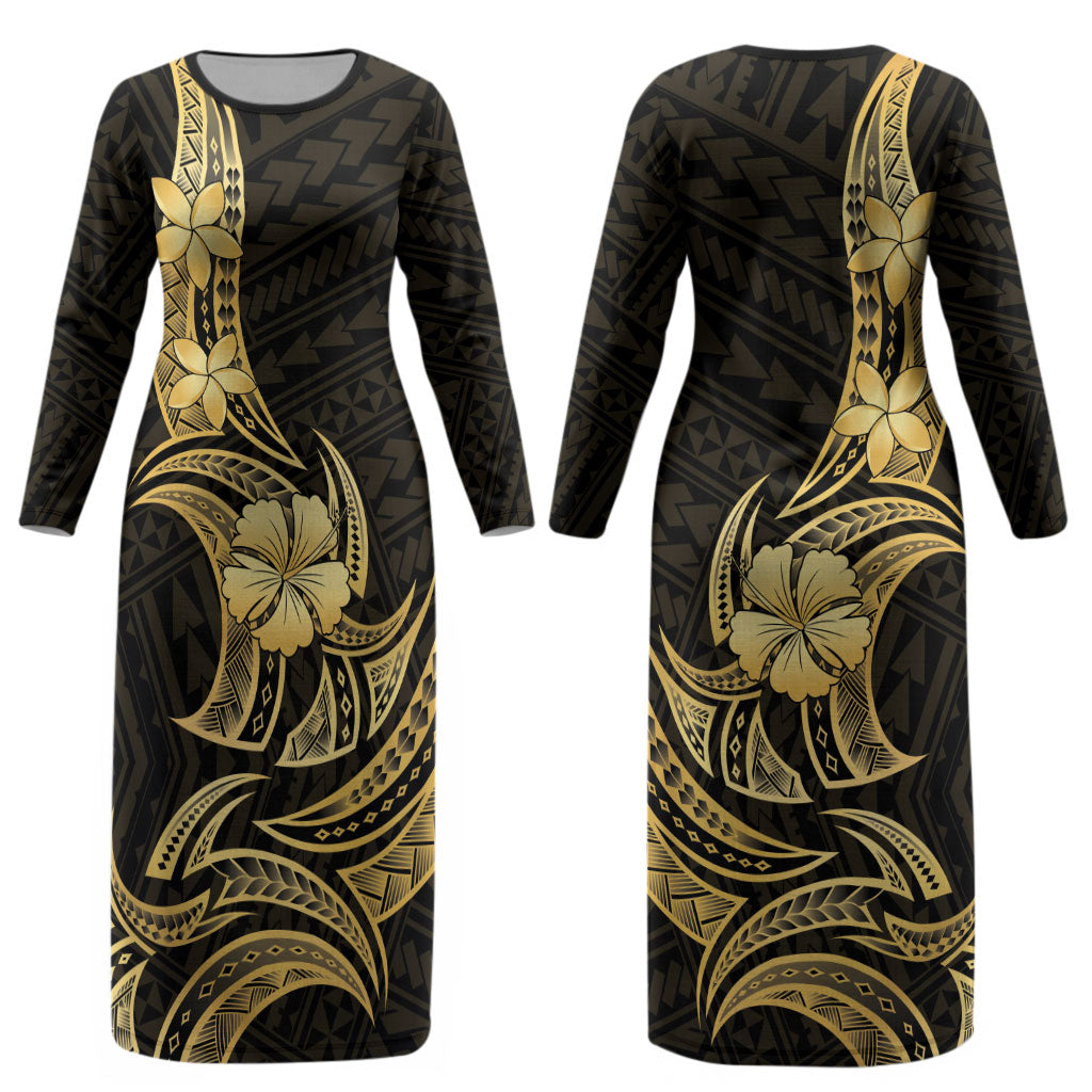 Gold Black Polynesia Hibiscus Plumeria Tattoo Couples Matching Long Sleeve Bodycon Dress and Long Sleeve Button Shirt LT14 - Polynesian Pride