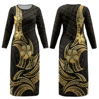 Gold Black Polynesia Hibiscus Plumeria Tattoo Couples Matching Long Sleeve Bodycon Dress and Long Sleeve Button Shirt LT14 - Polynesian Pride