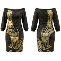 Gold Black Polynesia Hibiscus Plumeria Tattoo Couples Matching Off The Shoulder Long Sleeve Dress and Hawaiian Shirt LT14 - Polynesian Pride