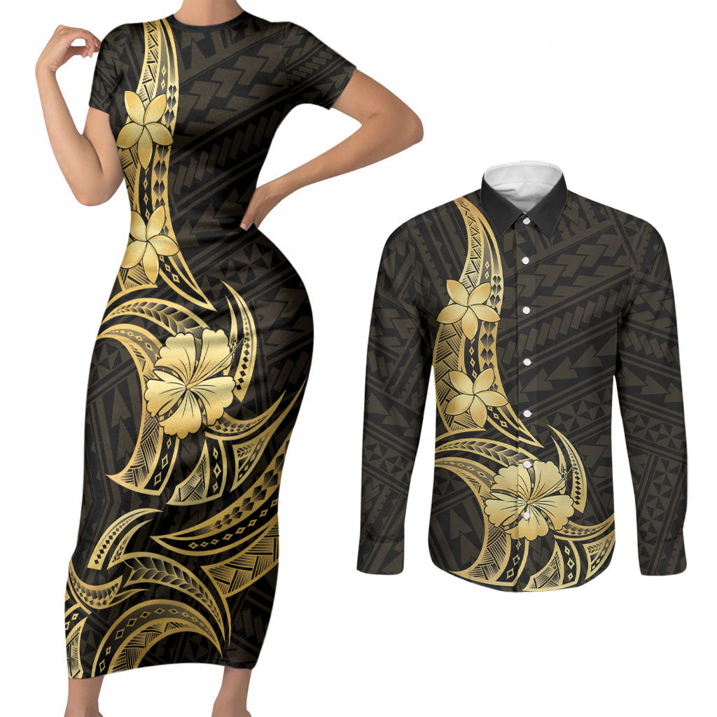 Gold Black Polynesia Hibiscus Plumeria Tattoo Couples Matching Short Sleeve Bodycon Dress and Long Sleeve Button Shirt LT14 Black - Polynesian Pride