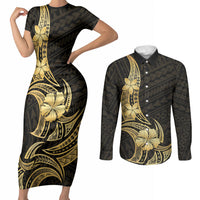 Gold Black Polynesia Hibiscus Plumeria Tattoo Couples Matching Short Sleeve Bodycon Dress and Long Sleeve Button Shirt LT14 Black - Polynesian Pride