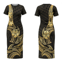 Gold Black Polynesia Hibiscus Plumeria Tattoo Couples Matching Short Sleeve Bodycon Dress and Long Sleeve Button Shirt LT14 - Polynesian Pride