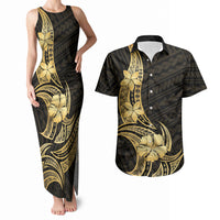 Gold Black Polynesia Hibiscus Plumeria Tattoo Couples Matching Tank Maxi Dress and Hawaiian Shirt LT14 Black - Polynesian Pride