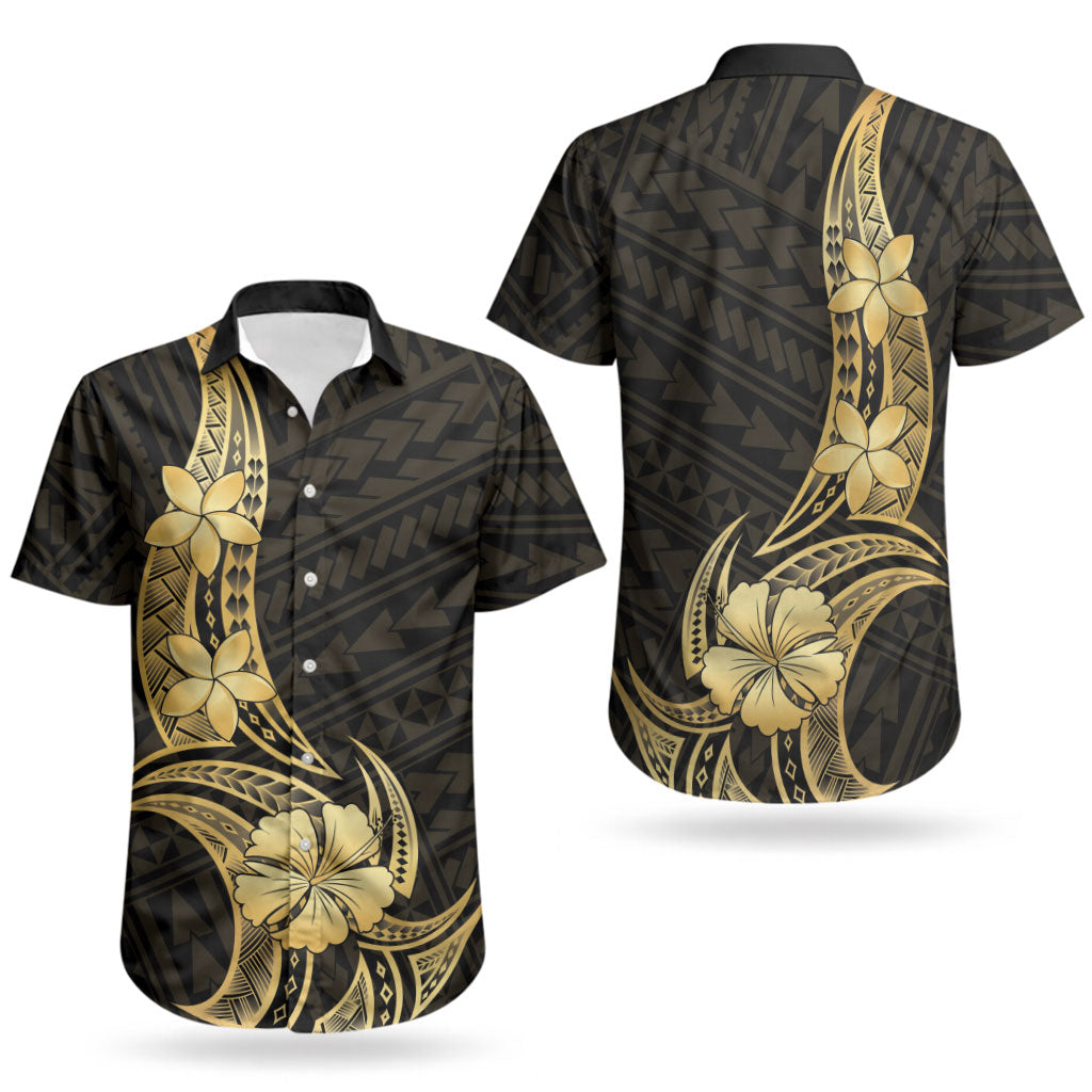 Gold Black Polynesia Hibiscus Plumeria Tattoo Couples Matching Tank Maxi Dress and Hawaiian Shirt LT14 - Polynesian Pride