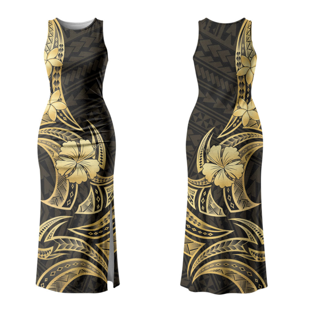 Gold Black Polynesia Hibiscus Plumeria Tattoo Couples Matching Tank Maxi Dress and Hawaiian Shirt LT14 - Polynesian Pride