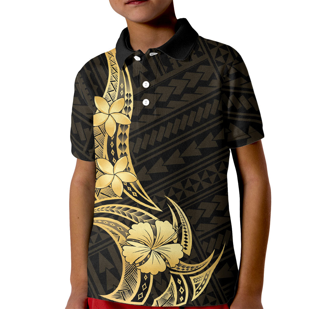 Gold Black Polynesia Hibiscus Plumeria Tattoo Kid Polo Shirt LT14 Kid Black - Polynesian Pride