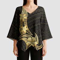 Gold Black Polynesia Hibiscus Plumeria Tattoo Kimono Sleeve Blouse