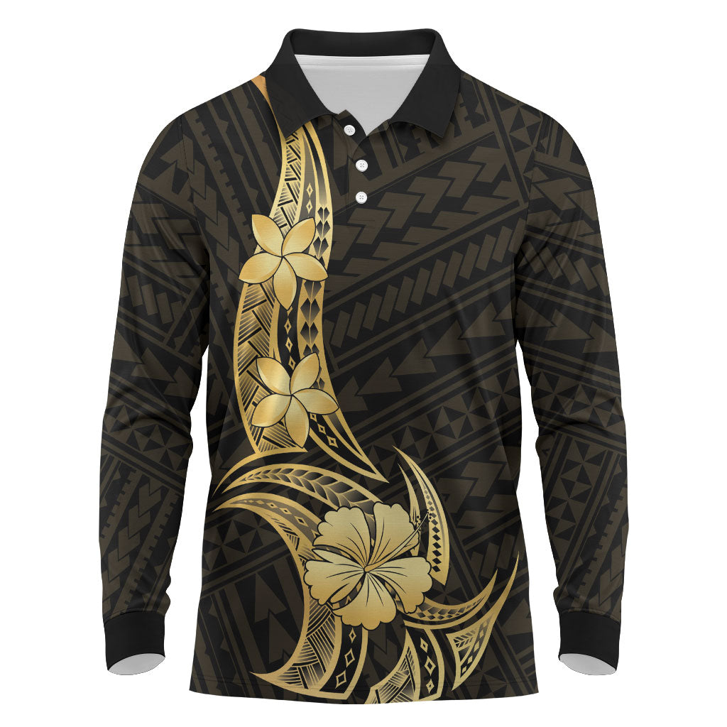 Gold Black Polynesia Hibiscus Plumeria Tattoo Long Sleeve Polo Shirt LT14 Black - Polynesian Pride