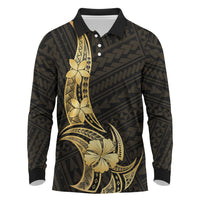 Gold Black Polynesia Hibiscus Plumeria Tattoo Long Sleeve Polo Shirt LT14 Black - Polynesian Pride