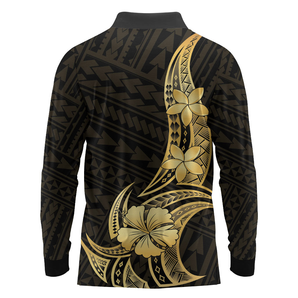 Gold Black Polynesia Hibiscus Plumeria Tattoo Long Sleeve Polo Shirt LT14 - Polynesian Pride