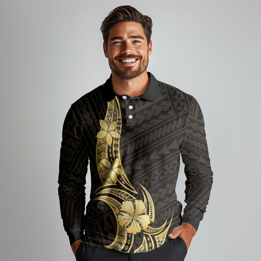 Gold Black Polynesia Hibiscus Plumeria Tattoo Long Sleeve Polo Shirt LT14 - Polynesian Pride